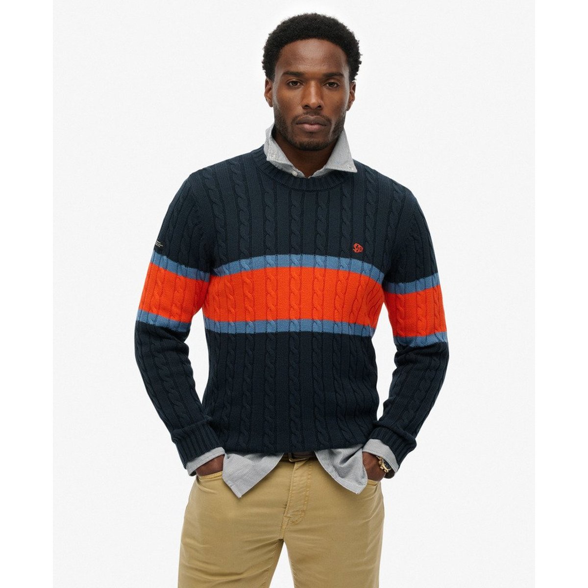 Pull en maille torsadée à rayures en coton bleu marine éclipse/orange vif, SUPERDRY