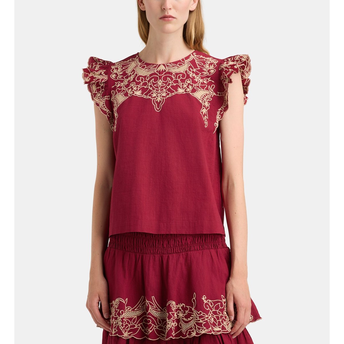 Top droit feliz brod coton rouge, GALERIES LAFAYETTE