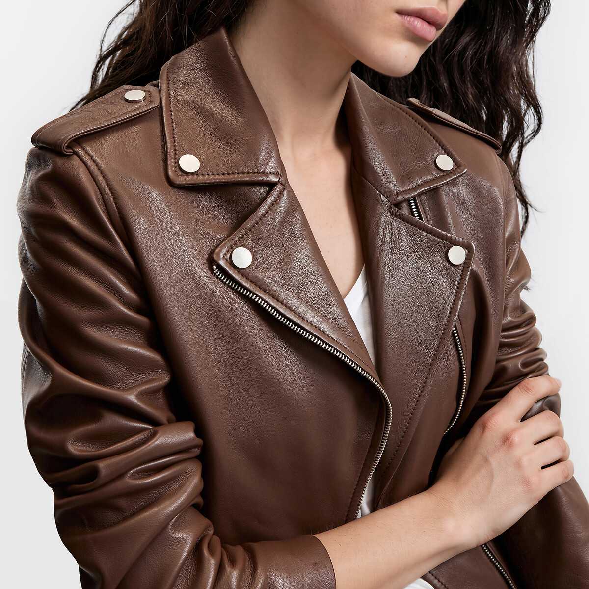 Zip-up leather biker jacket brown, LA REDOUTE COLLECTIONS