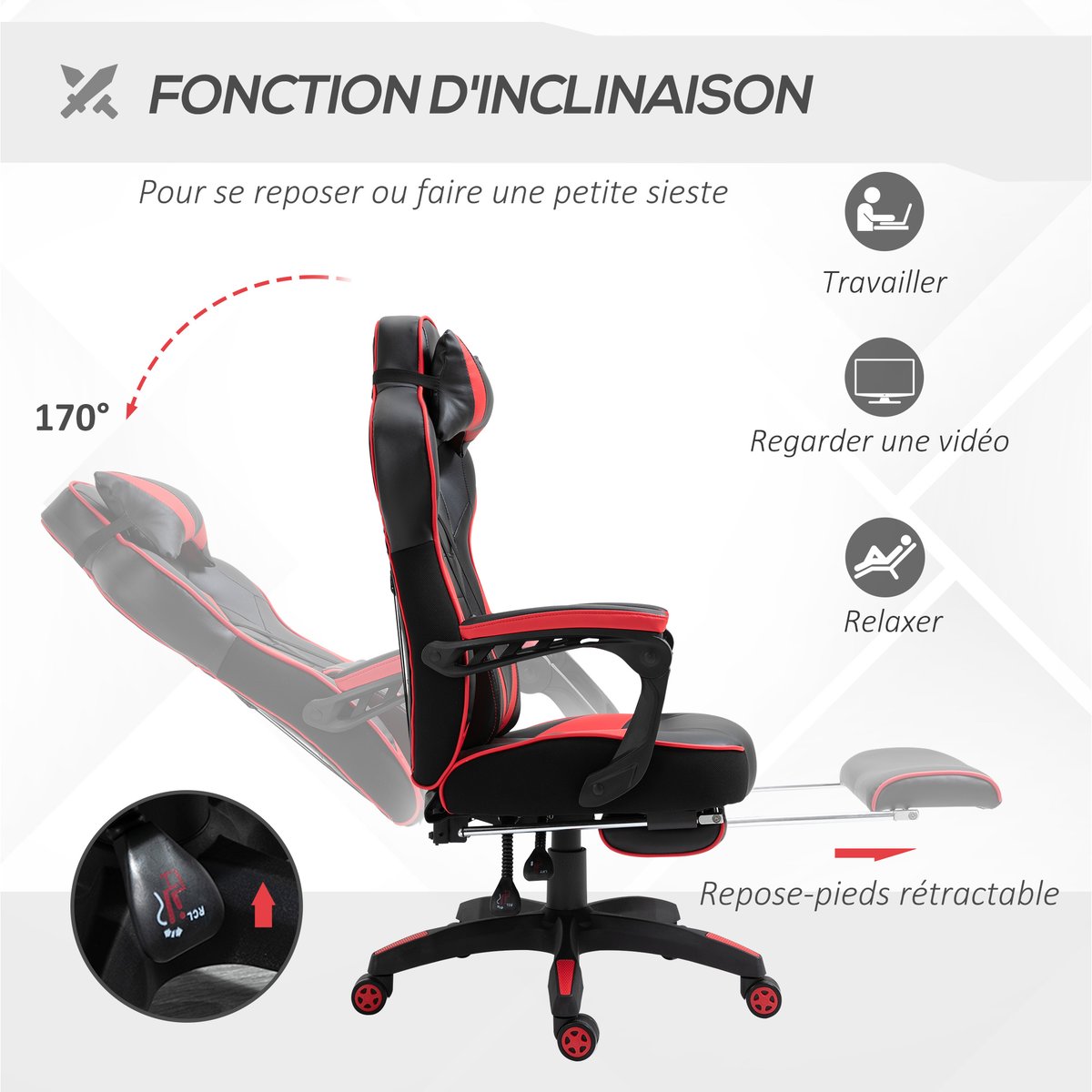 Fauteuil gaming Revêtement synthétique PU rouge et noir, HOMCOM