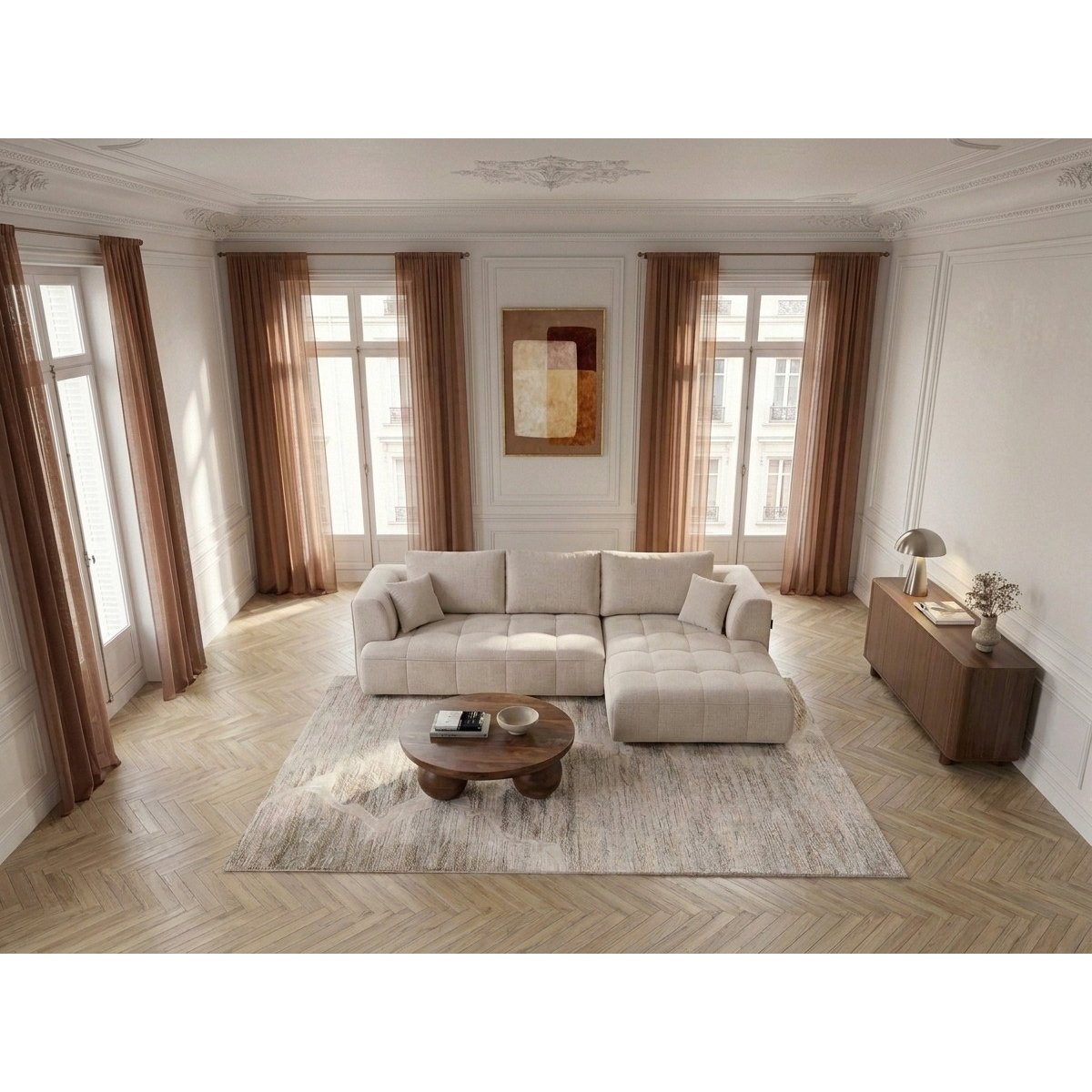 Canapé droit convertible 3 places en tissu lisse, CLOVIS beige, BOBOCHIC