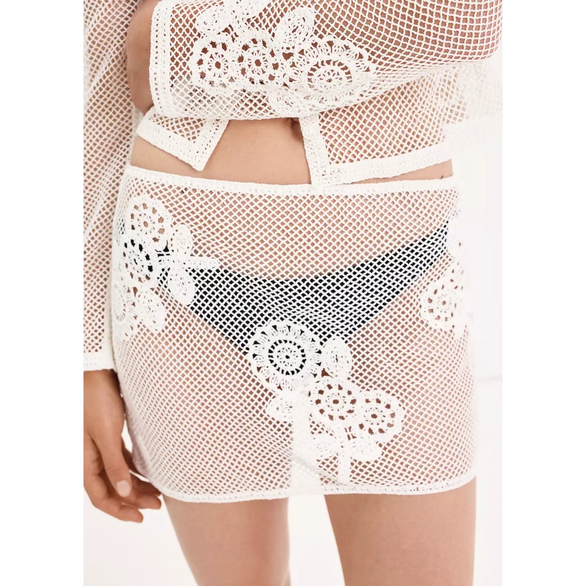 Jupe en crochet floral blanc, MANGO