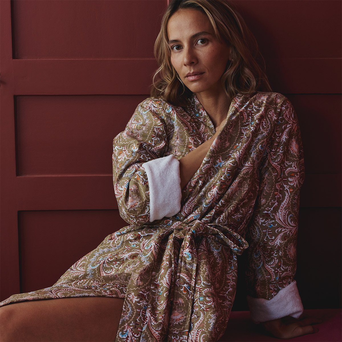 Peignoir long en percale de coton,TALMA a motif, DESFORGES