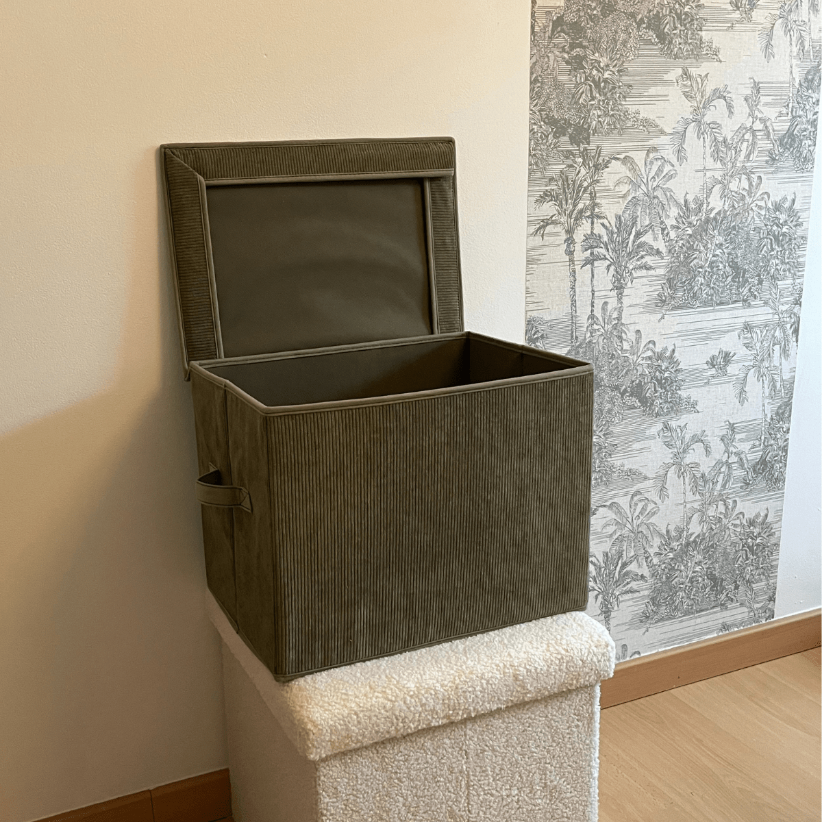 Boîte rangement haute avec couvercle tissu velours côtelé kaki - H30 cm vert kaki, CALICOSY