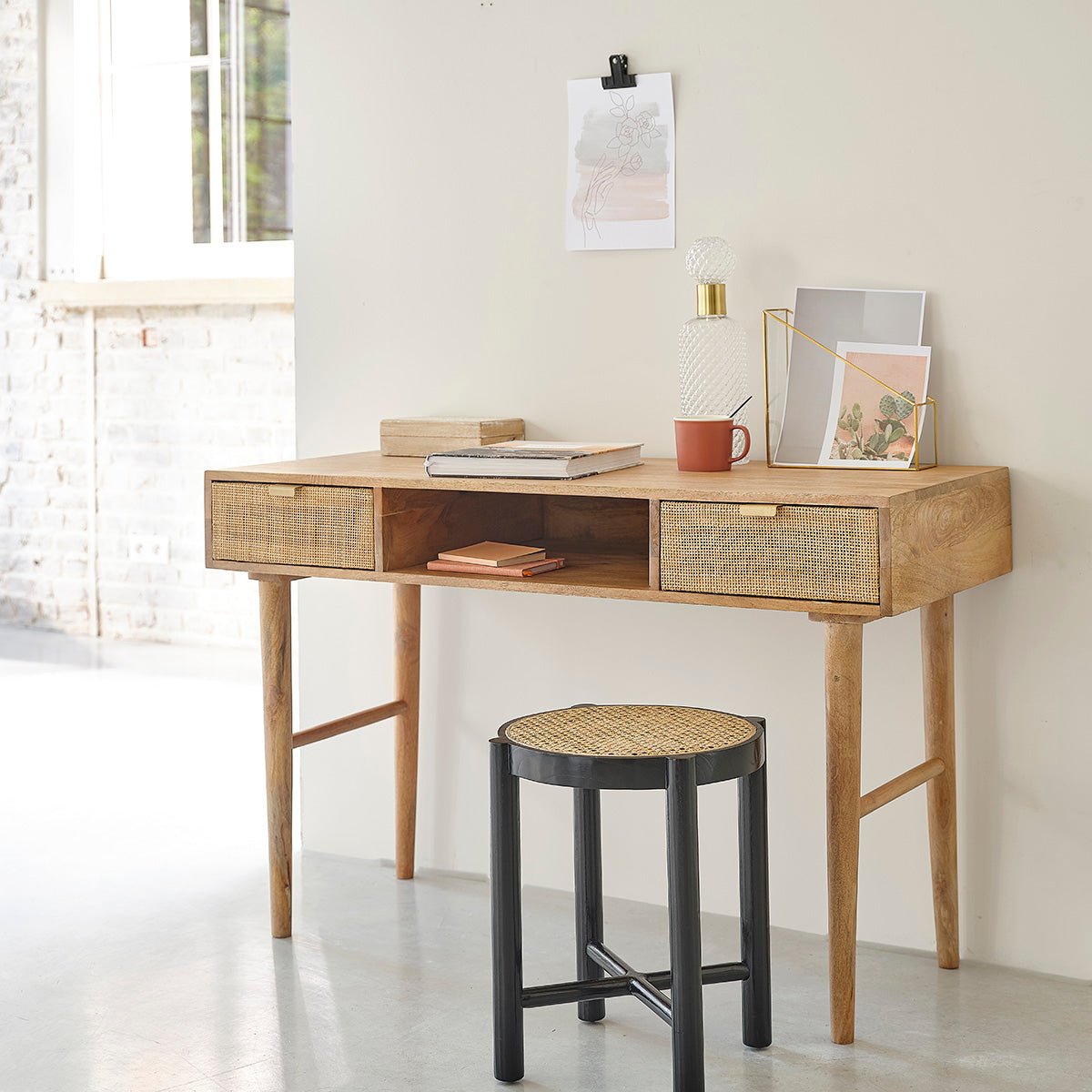 Bureau en bois de manguier et cannage 2 tiroirs  FELICIE naturel, BERAH GETAH