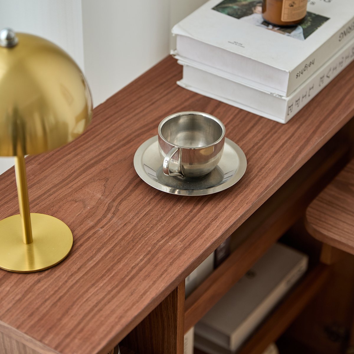 Meuble de rangement avec bureau tablette, bois de noyer et rotin, LAPENA marron, NORDLYS