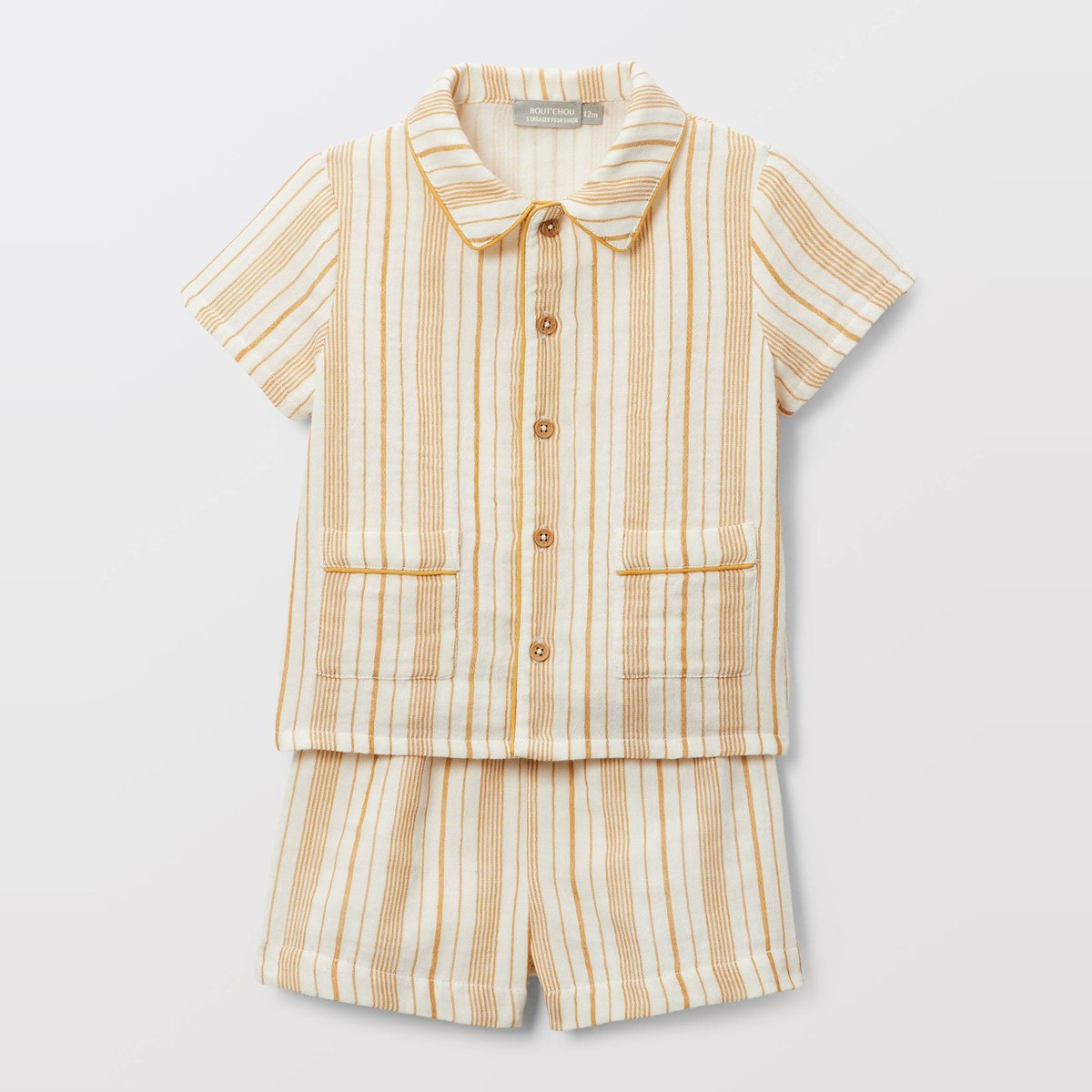 Ensemble chemise manches courtes et short rayés en gaze de coton BIO GOTS chai tea, BOUT'CHOU