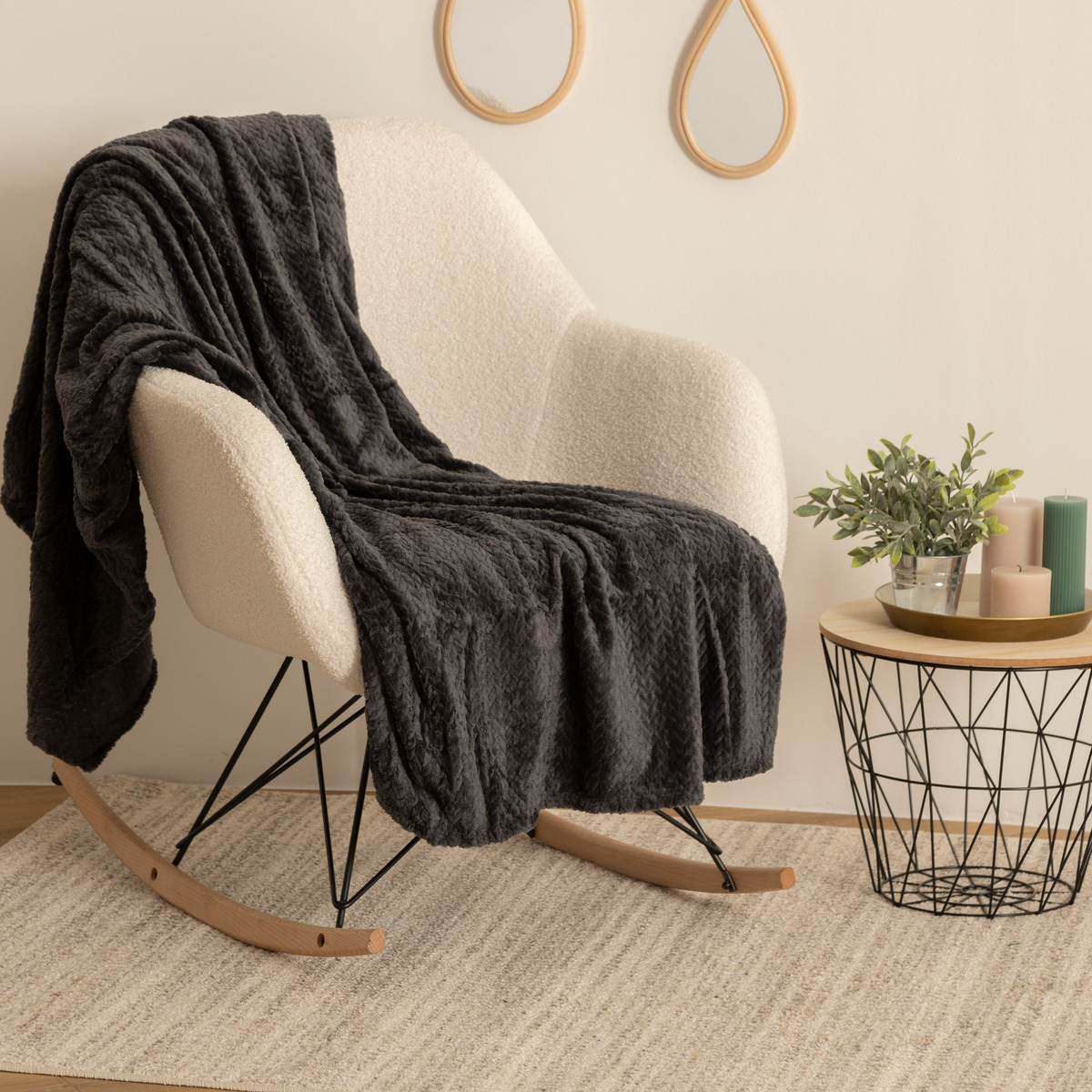 Plaid aspect flanelle tressée TRESSE gris clair, ATMOSPHERA