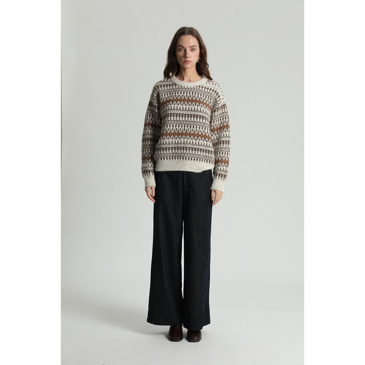 Pull col rond, esprit graphique ecru/marron, SEE U SOON