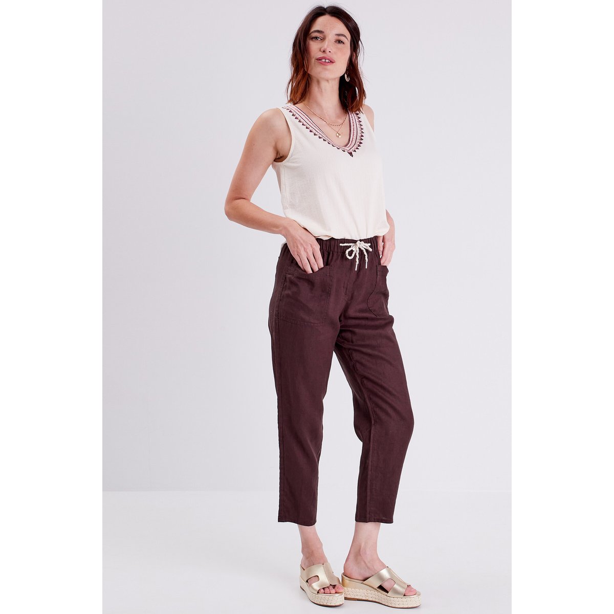 Pantalon battle en lin marron foncé, BREAL