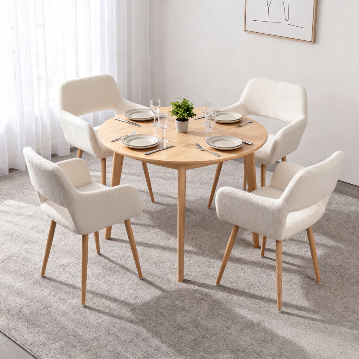 Lot de 4 chaise de salle à manger scandinave en bouclette, CROMWELL crème, MEUBLES COSY