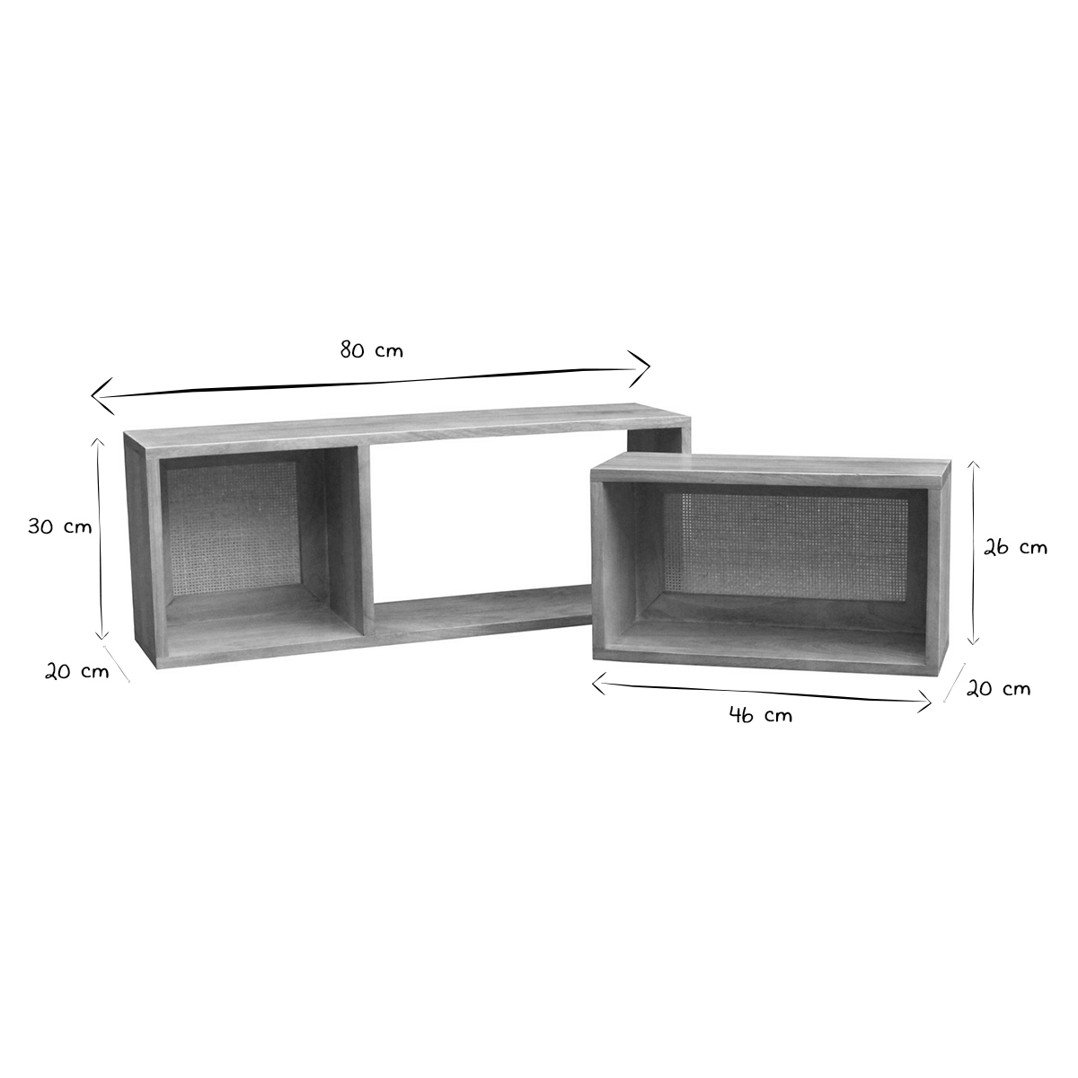 Étagères niches murales gigognes en bois manguier massif et cannage rotin L80 cm (lot de 2) ACANGE chêne clair, MILIBOO