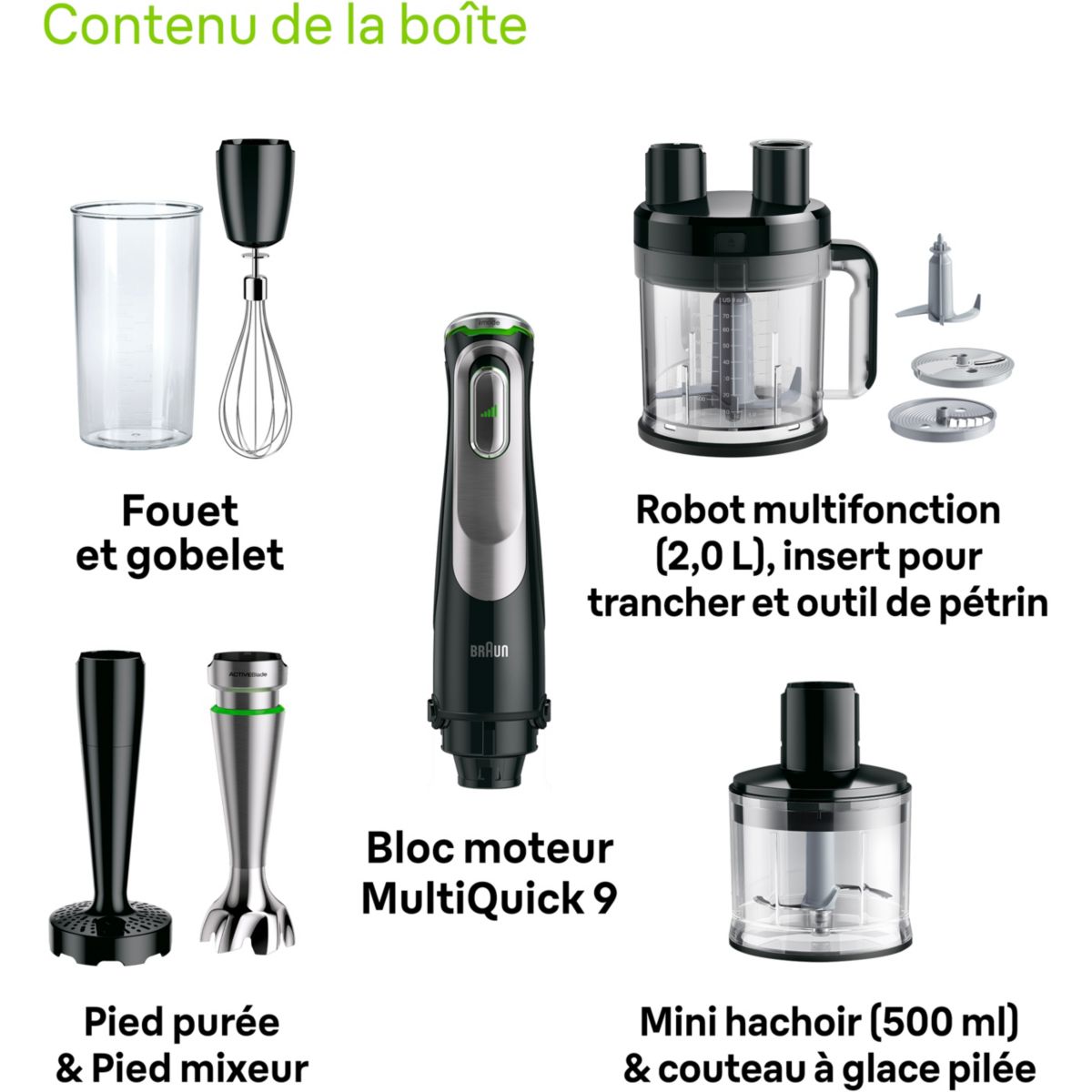 Mixeur MQ9187XLI MultiQuick 9 noir et gris 8 accessoires noir / inox, BRAUN