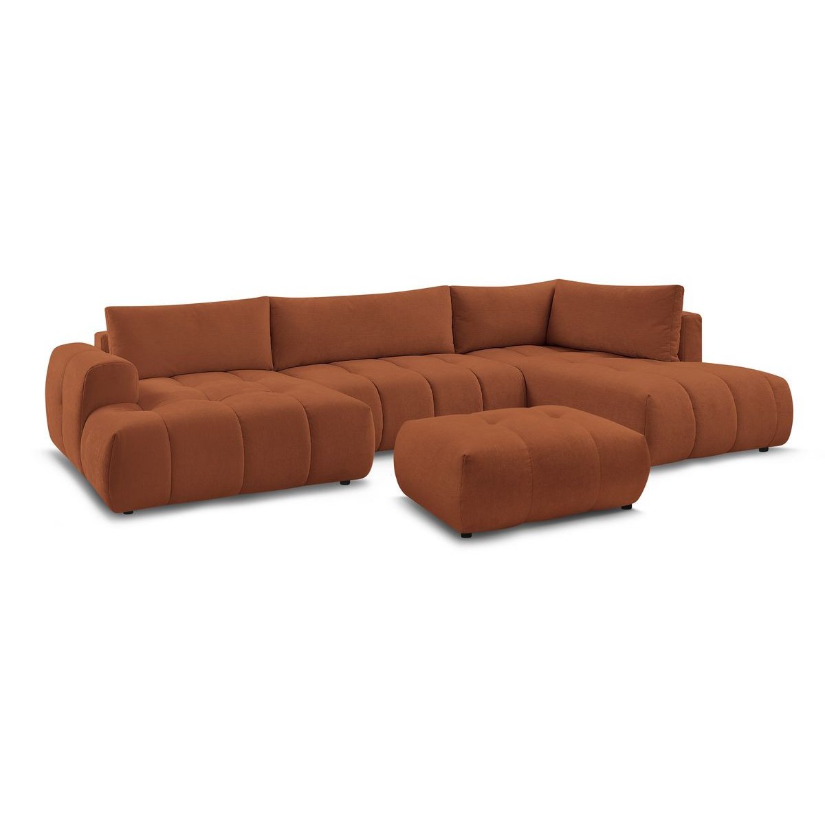Canapé panoramique convertible 5 places en tissu lisse avec pouf, FUJI orange, BOBOCHIC