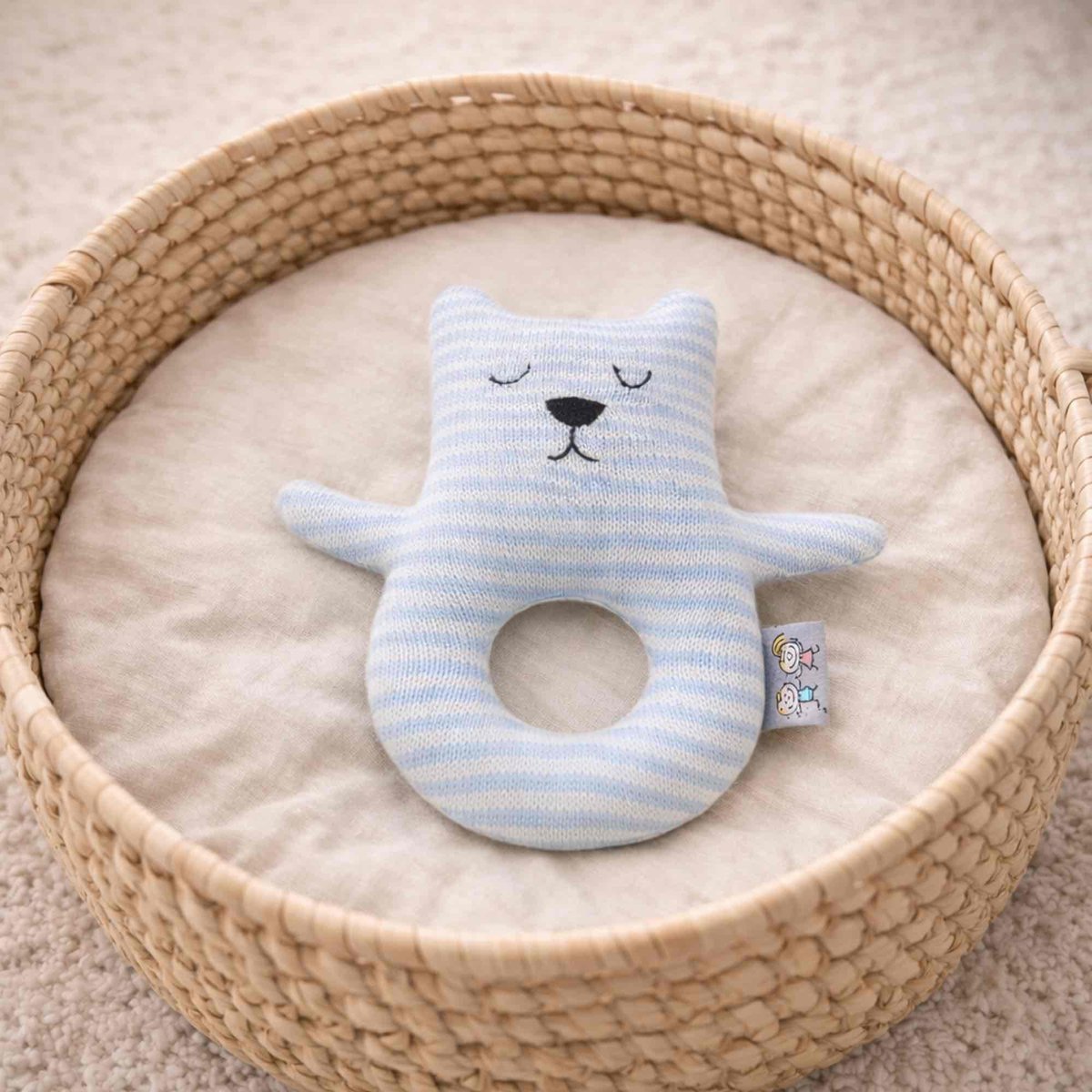 Hochet tricoté en coton bio TRICOT bleu, ourson, SEVIRA KIDS
