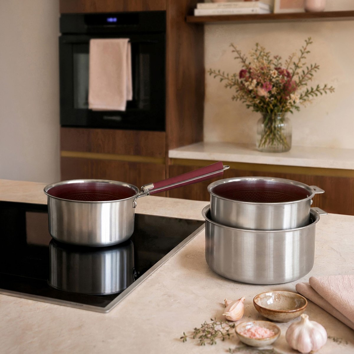Lot de 3 casseroles 16/18/20 cm en acier inoxydable avec 1 poignée, AGLAE lie de vin, MENASTYL