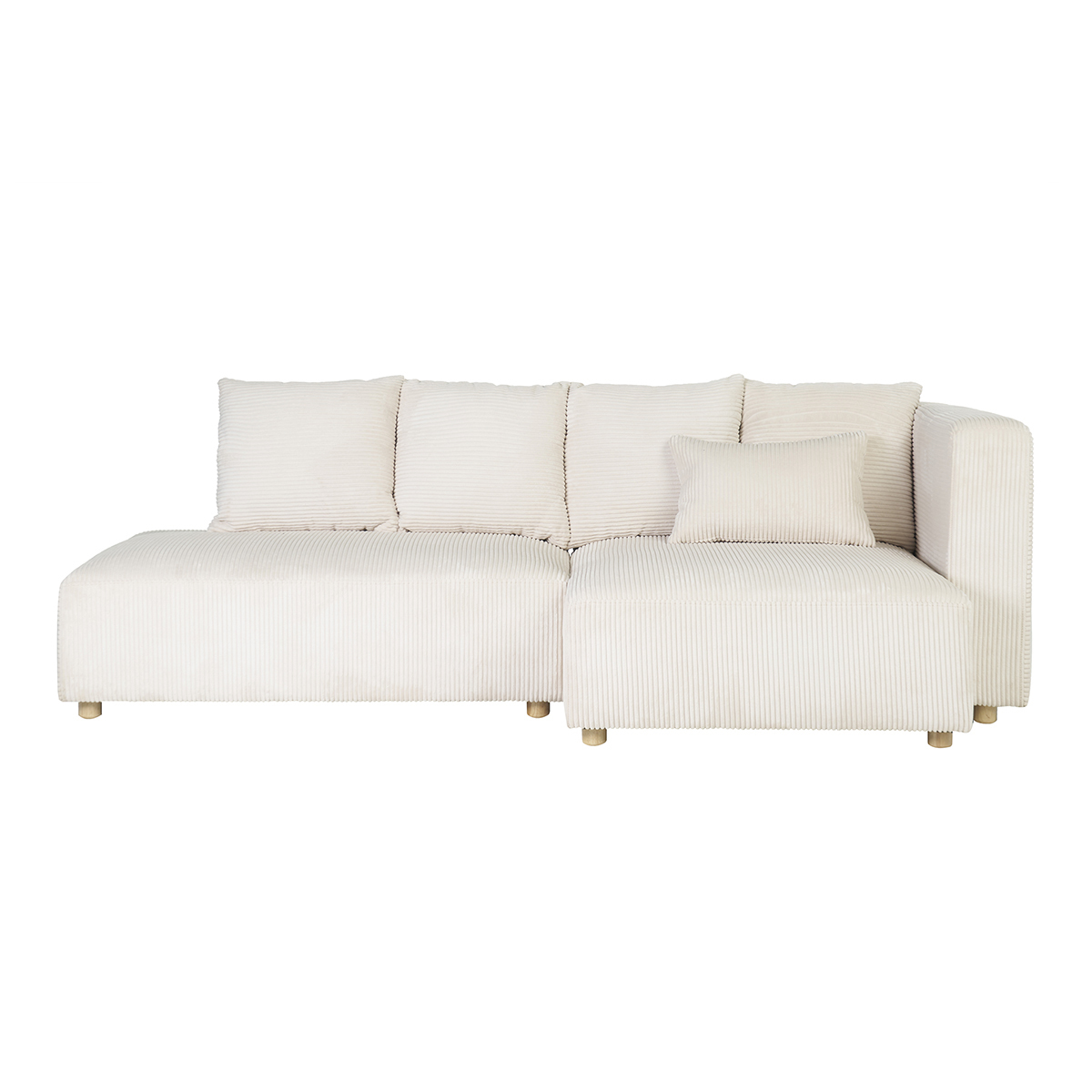 Canapé d'angle droit 3 places en tissu velours côtelé beige et bois clair HARLEM beige, MILIBOO