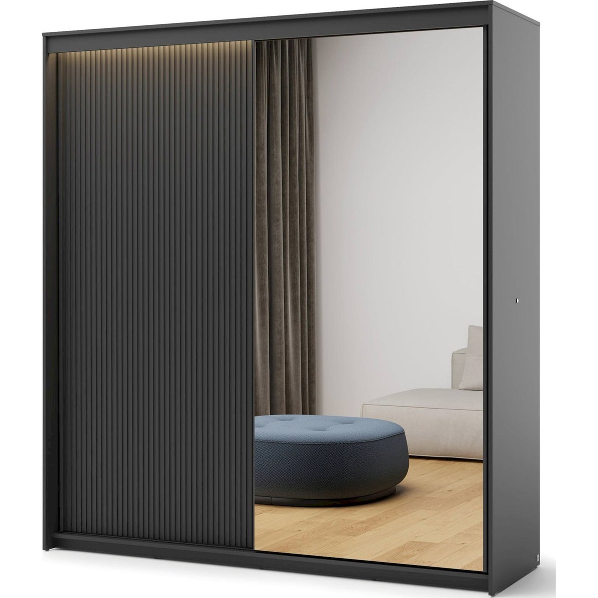 Armoire coulissante à miroir et éclairage LED noir, RECOLLECTION