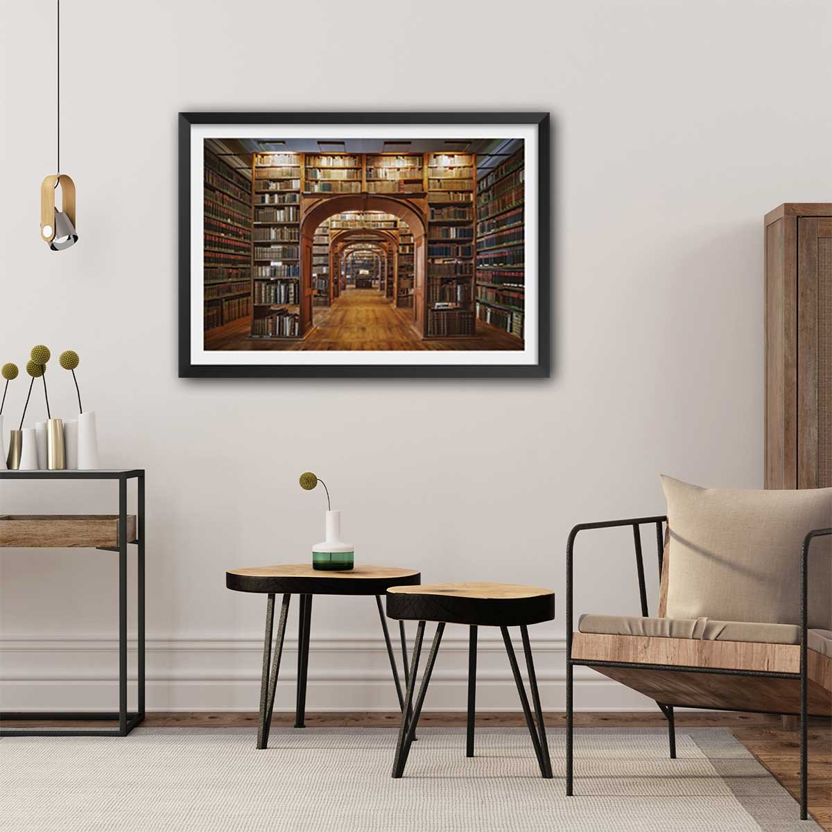 Affiche photo librairie des sciences - affiche + cadre en bois - noir, HEXOA