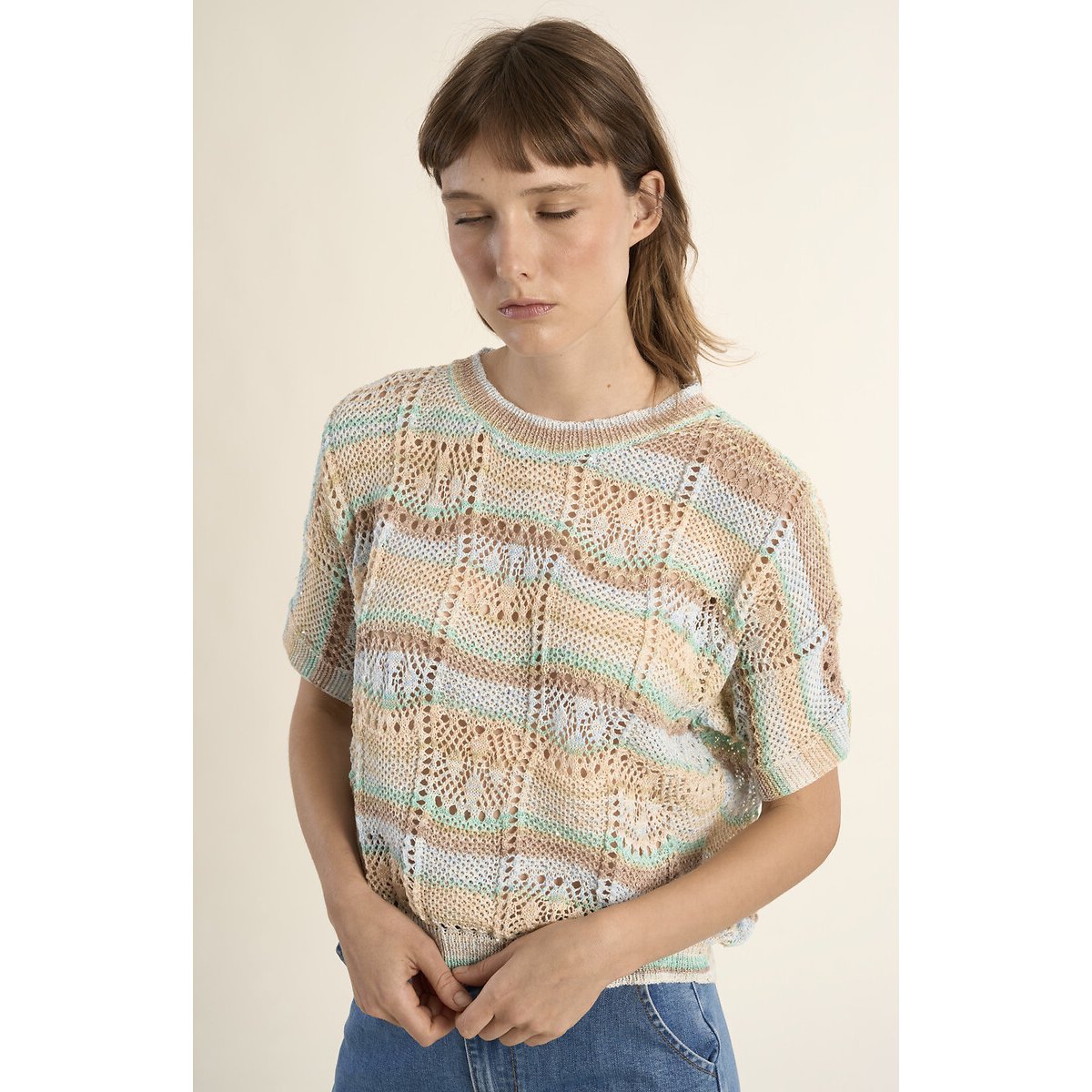 Pull ajouré manches courtes vert/bleu, MOLLY BRACKEN