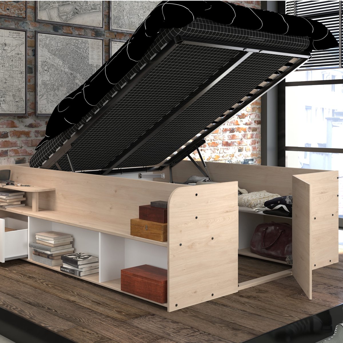 Lit coffre avec multiples rangements blanc, TERRE DE NUIT