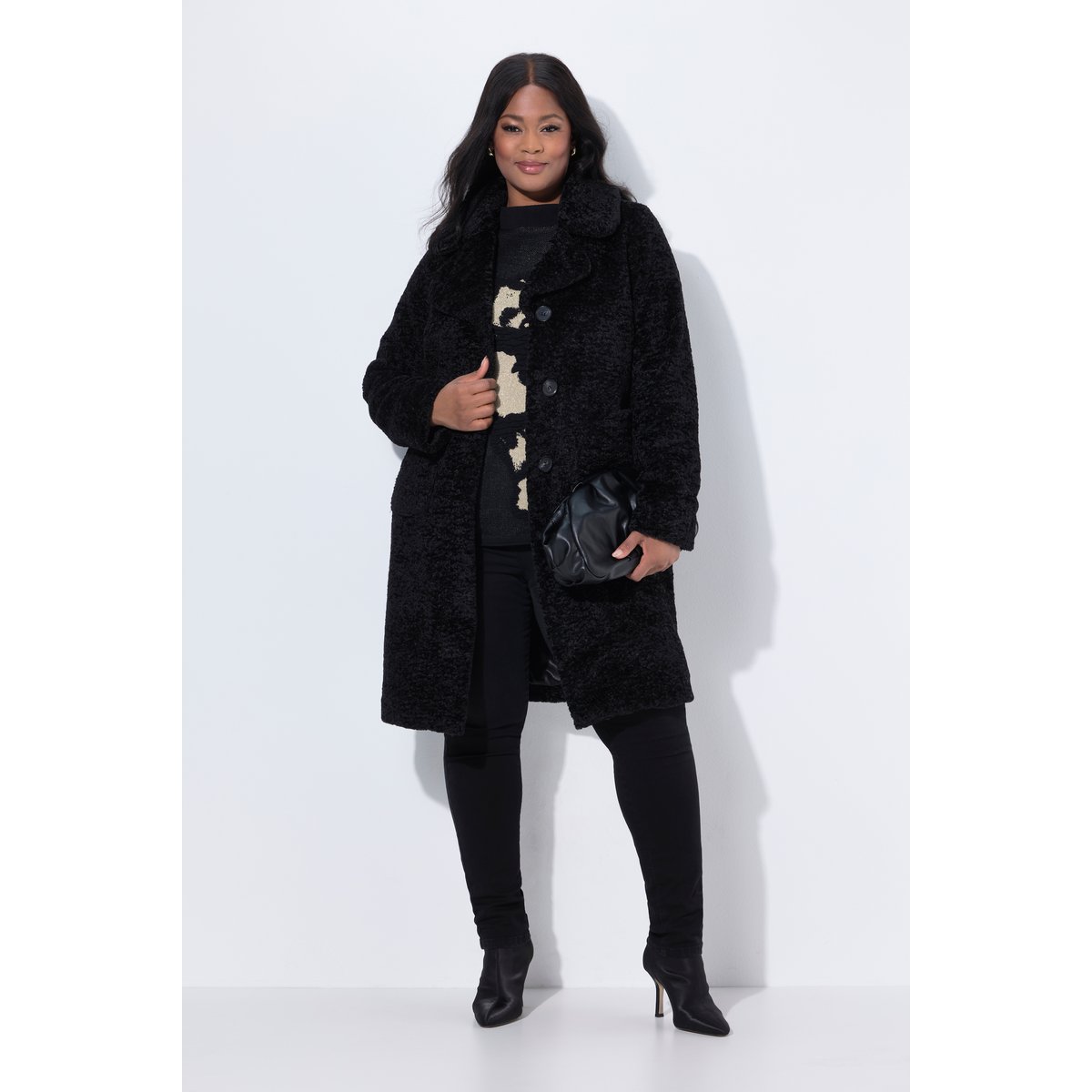 Manteau look astrakan en matière duveteuse noir, ULLA POPKEN