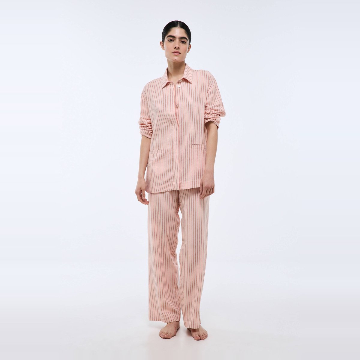 Pyjama long rayé en viscose et lin gambas, MONOPRIX