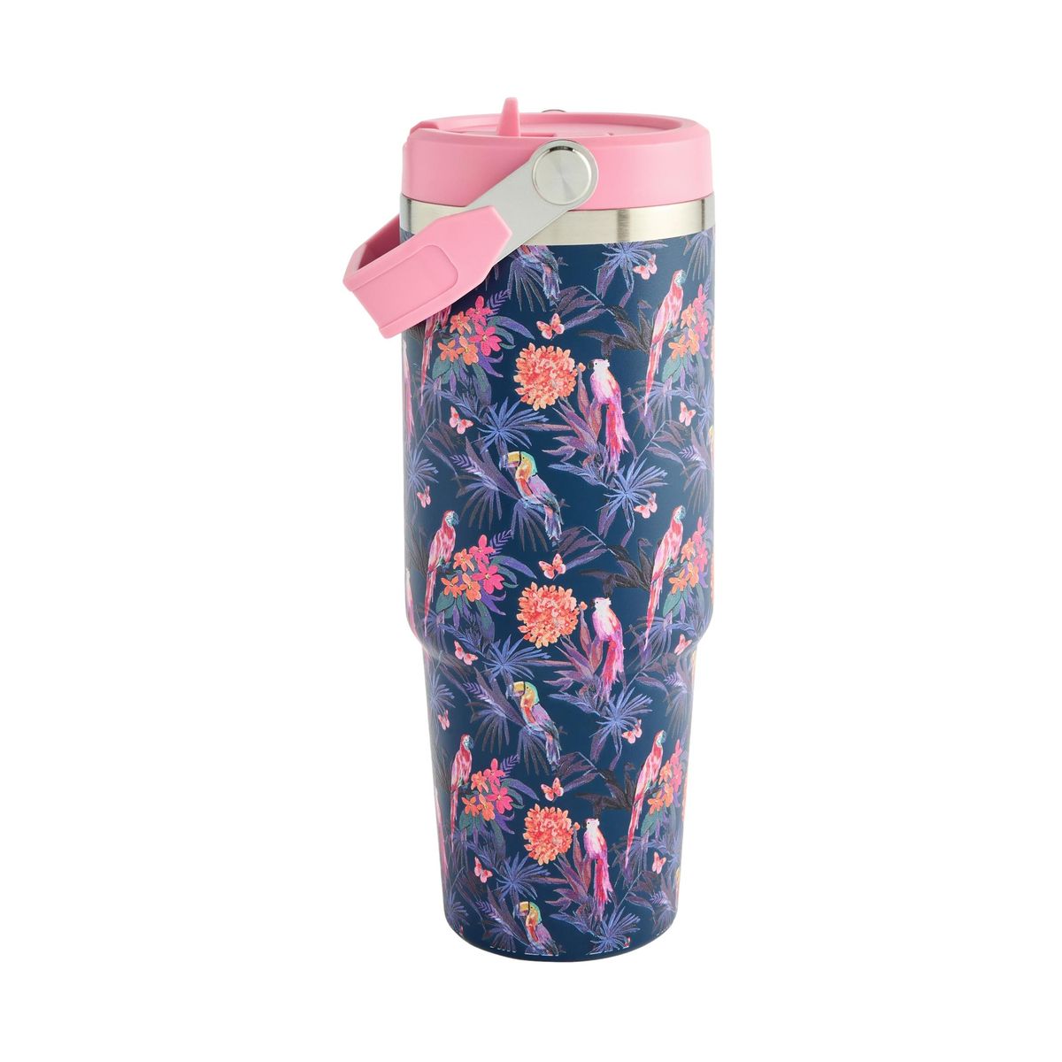 Gourde à imprimé tropical avec paille 900 ml rose/bleu marine, NEXT