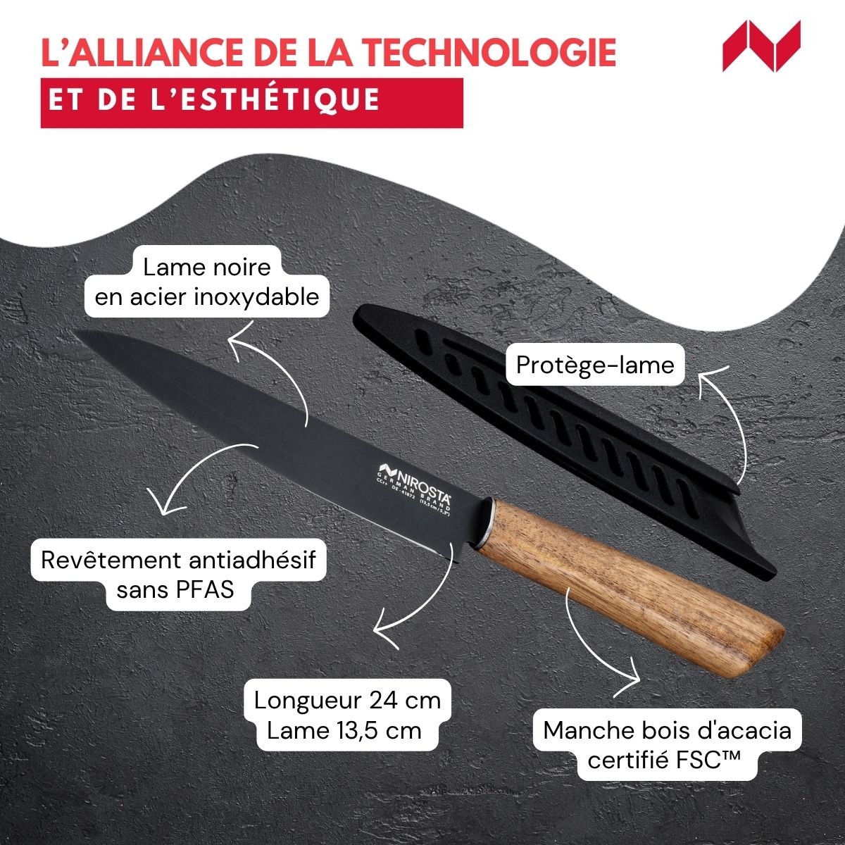 Couteau d’office universel 24 cm FLOW bois,noir, NIROSTA
