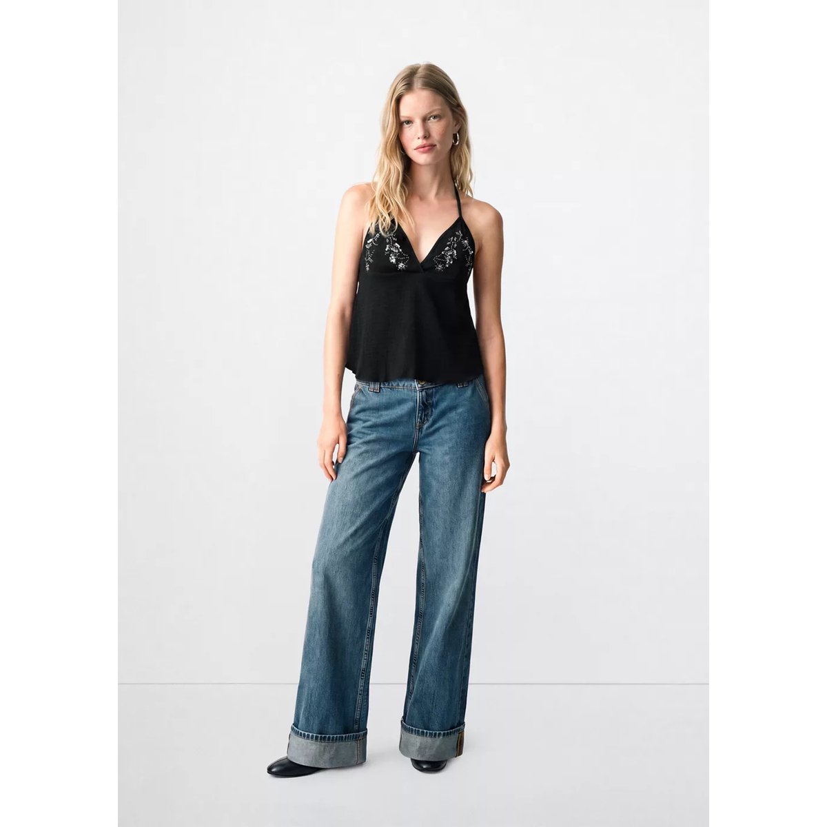 Top halter brodé noir, MANGO TEEN
