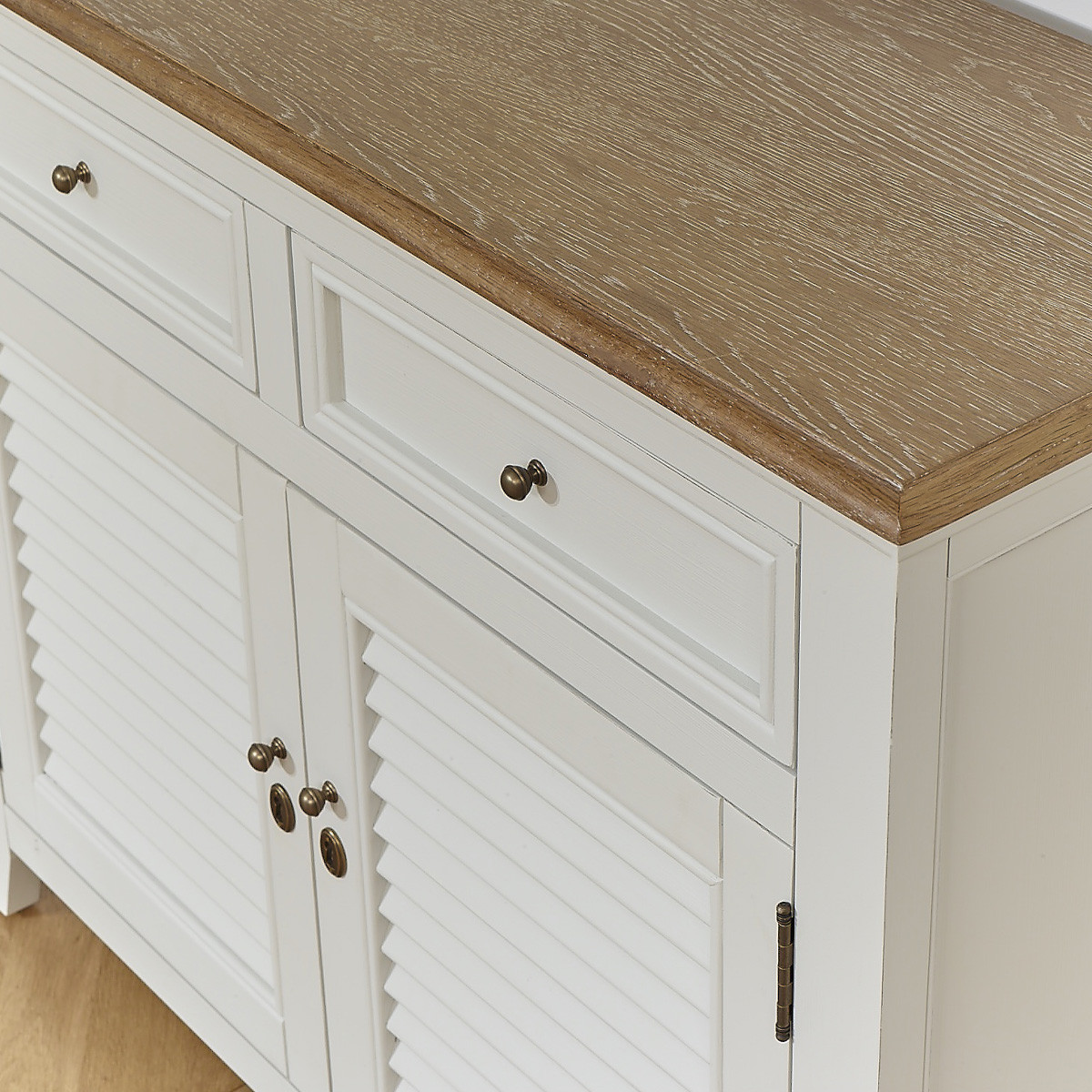 Buffet style shabby chic, plateau en chêne, 2 tiroirs, 2 portes EDEN blanc, ROBIN DES BOIS