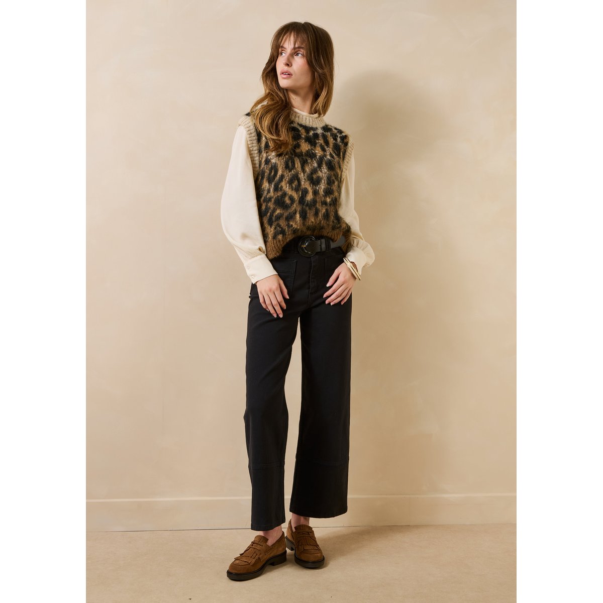 Pull sans manches jacquard motif animalier camel, LA FEE MARABOUTEE