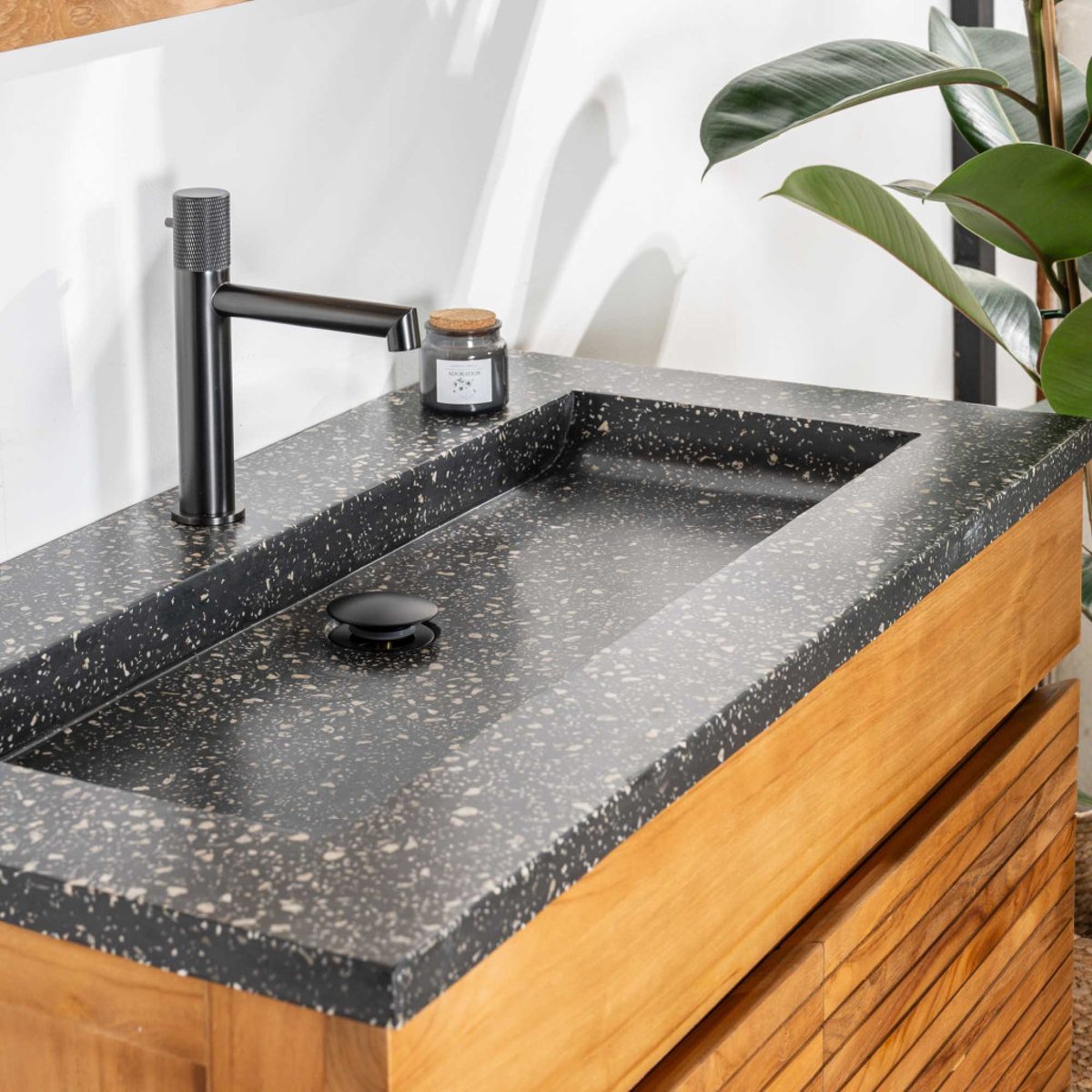 Meuble salle de bain en teck et terrazzo noir Aktual 90cm noir, WANDA COLLECTION