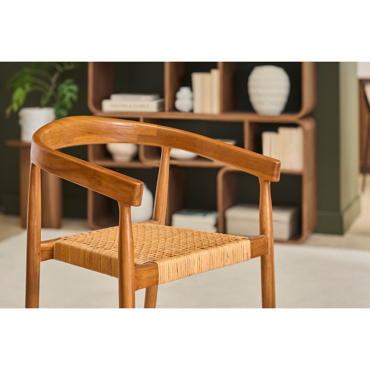 Chaise ethnique en bois teck massif et cannage rotin NEGARA marron, MILIBOO