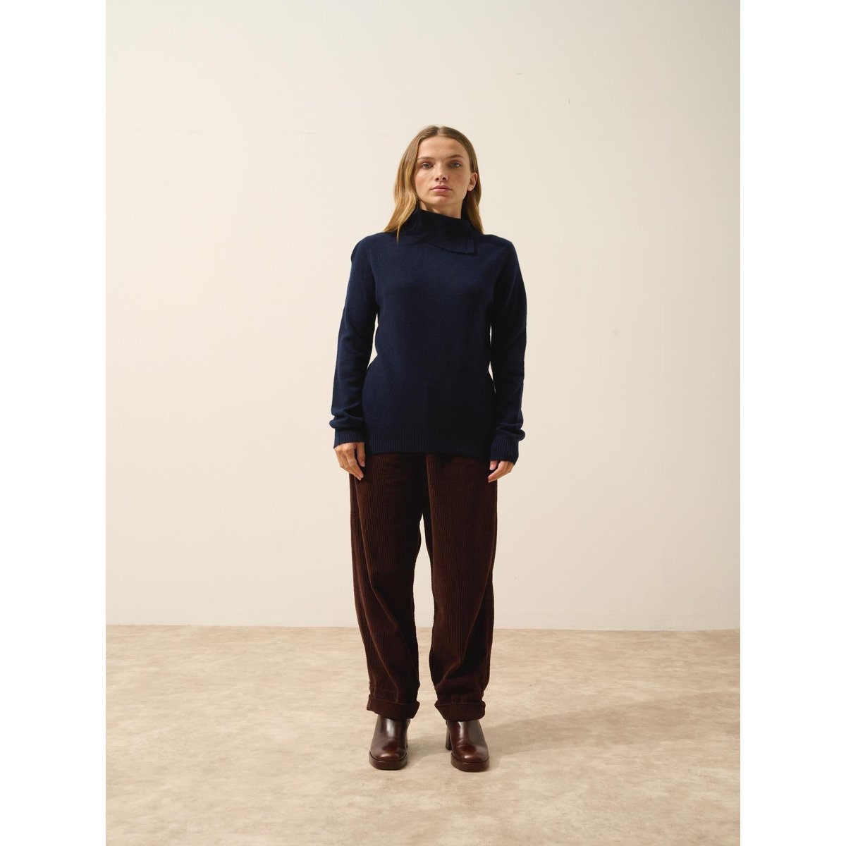 Pull Col Roulé Boutonné Navy Dundee bleu foncé, JUST CASHMERE