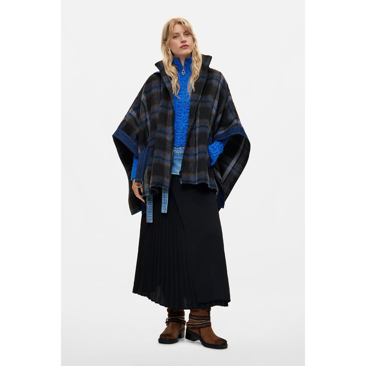 Poncho en denim à carreaux marron, DESIGUAL