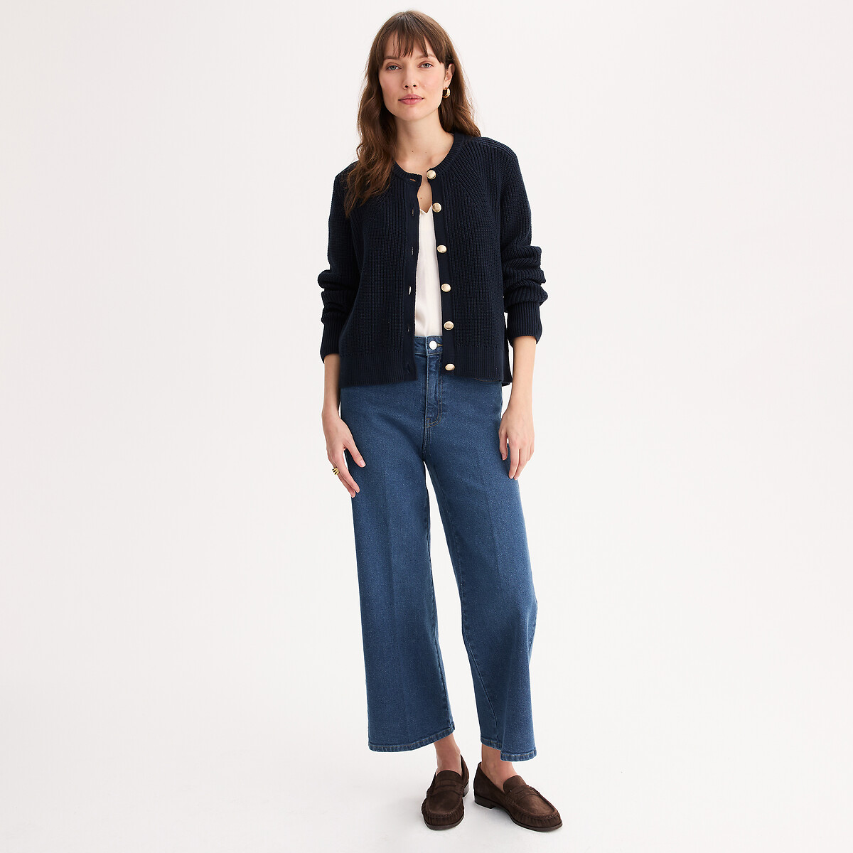 Jeans a gamba larga in cotone elasticizzato blu stone, ANNE WEYBURN