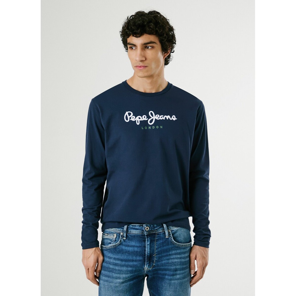 T-shirt col rond manches longues Eggo bleu marine, PEPE JEANS