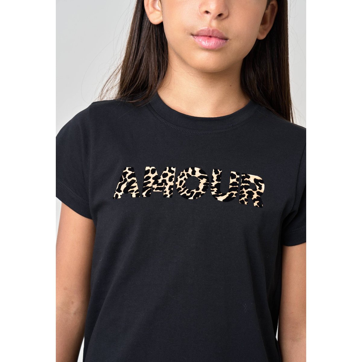 T-shirt regular fille en 100% coton inscription amour en léopard LYANA noir, DEELUXE