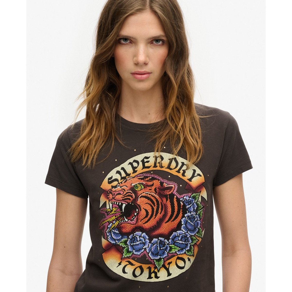 T-shirt ajusté à strass effet tatouage noir carbone, SUPERDRY