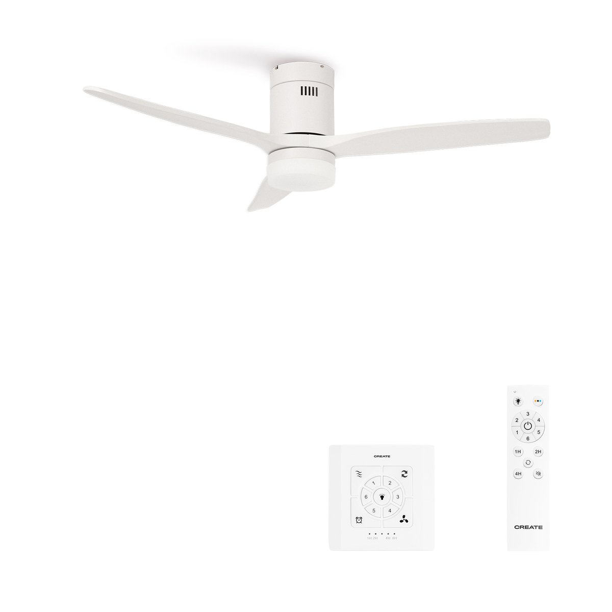 Ventilateur de plafond avec pales techniques en ABS avec lumière et contrôleur mural WIND CALM blanc/blanc, CREATE
