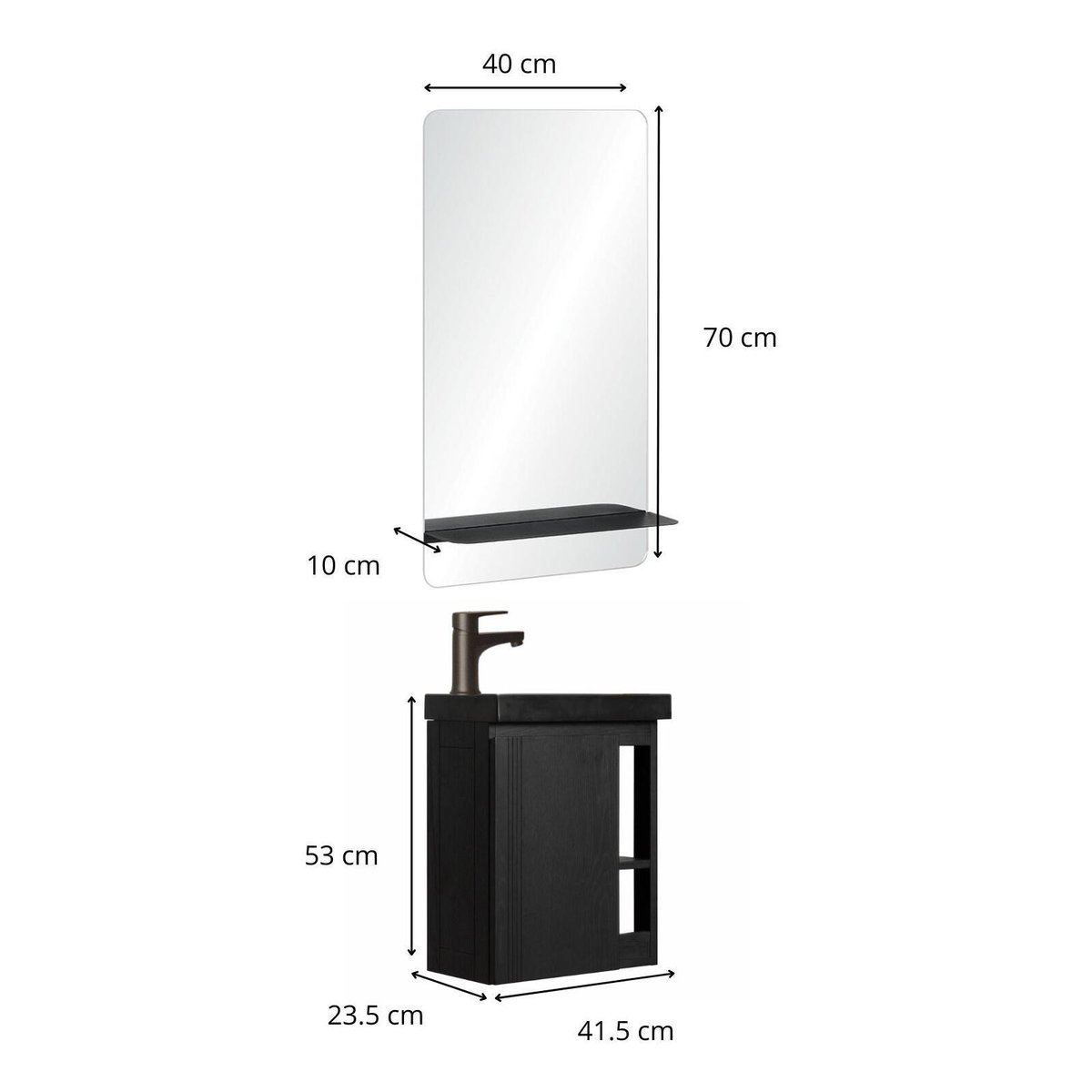 Ensemble lave-mains avec rangement latéral et miroir tablette noire HAMPTON décor chêne carbone, MOB IN