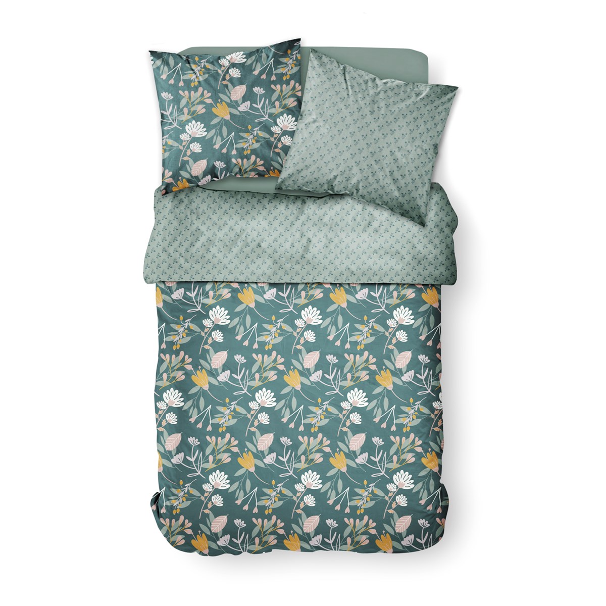 Parure de lit 2 personnes imprimé coton SUNSHINE HORTENSE bleu, TODAY