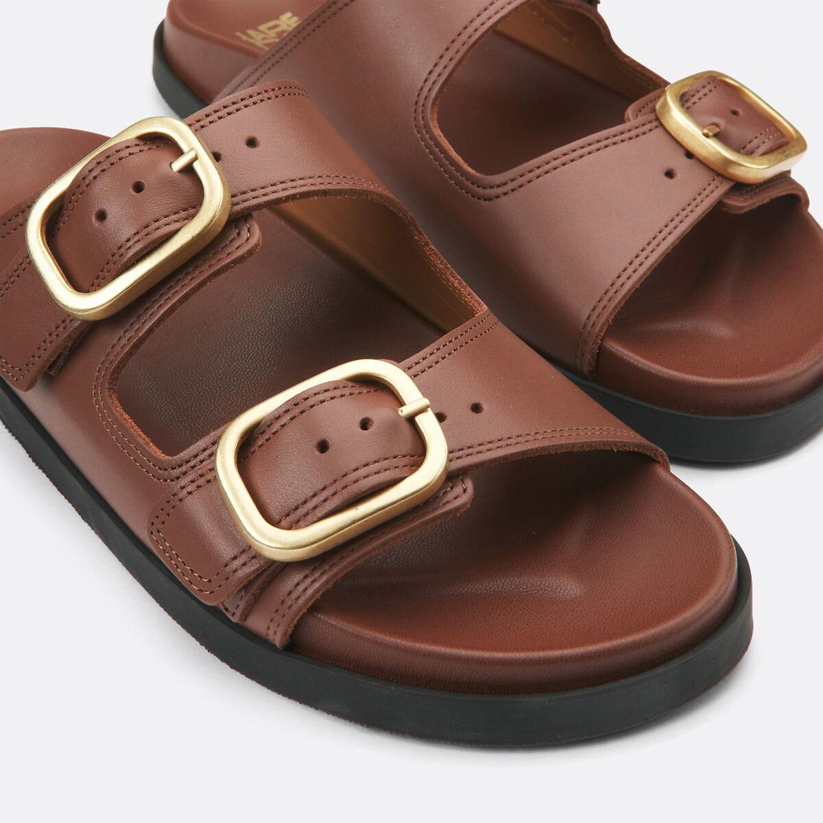 Mules en cuir double bride marron, LA REDOUTE COLLECTIONS