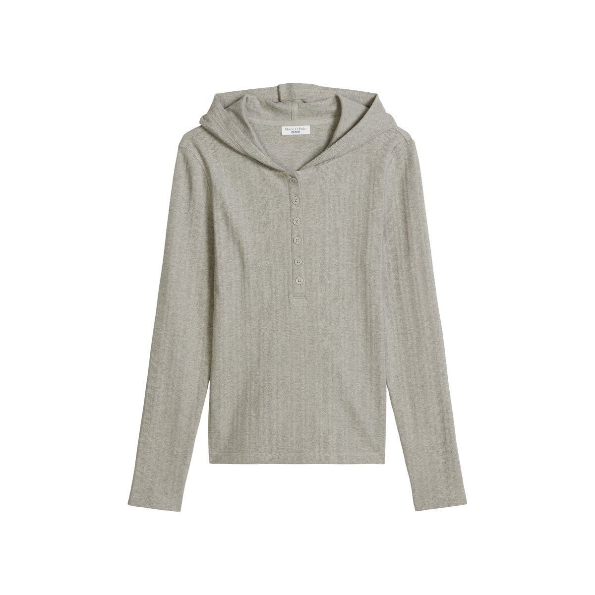 T-shirt à manches longues en jersey côtelé, à capuche, coupe ajustée en pur coton biologique gris, MARC O’POLO DENIM