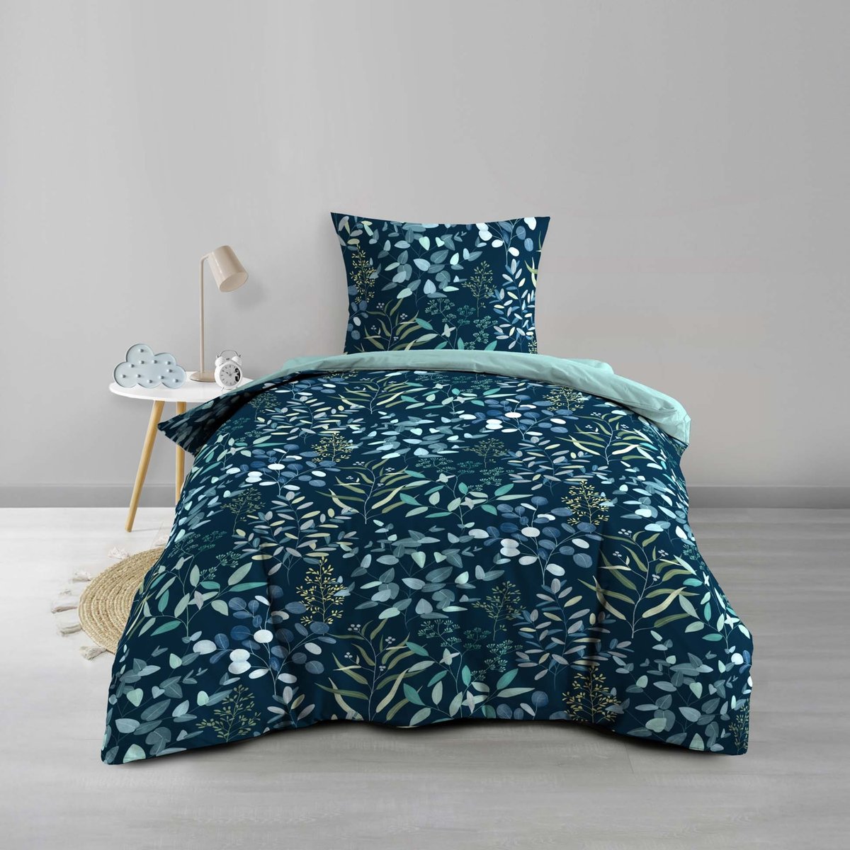 Parure de lit 2 pièces 100 % coton imprimé à motif végétal housse + taie bleu, DOUCEUR D'INTÉRIEUR