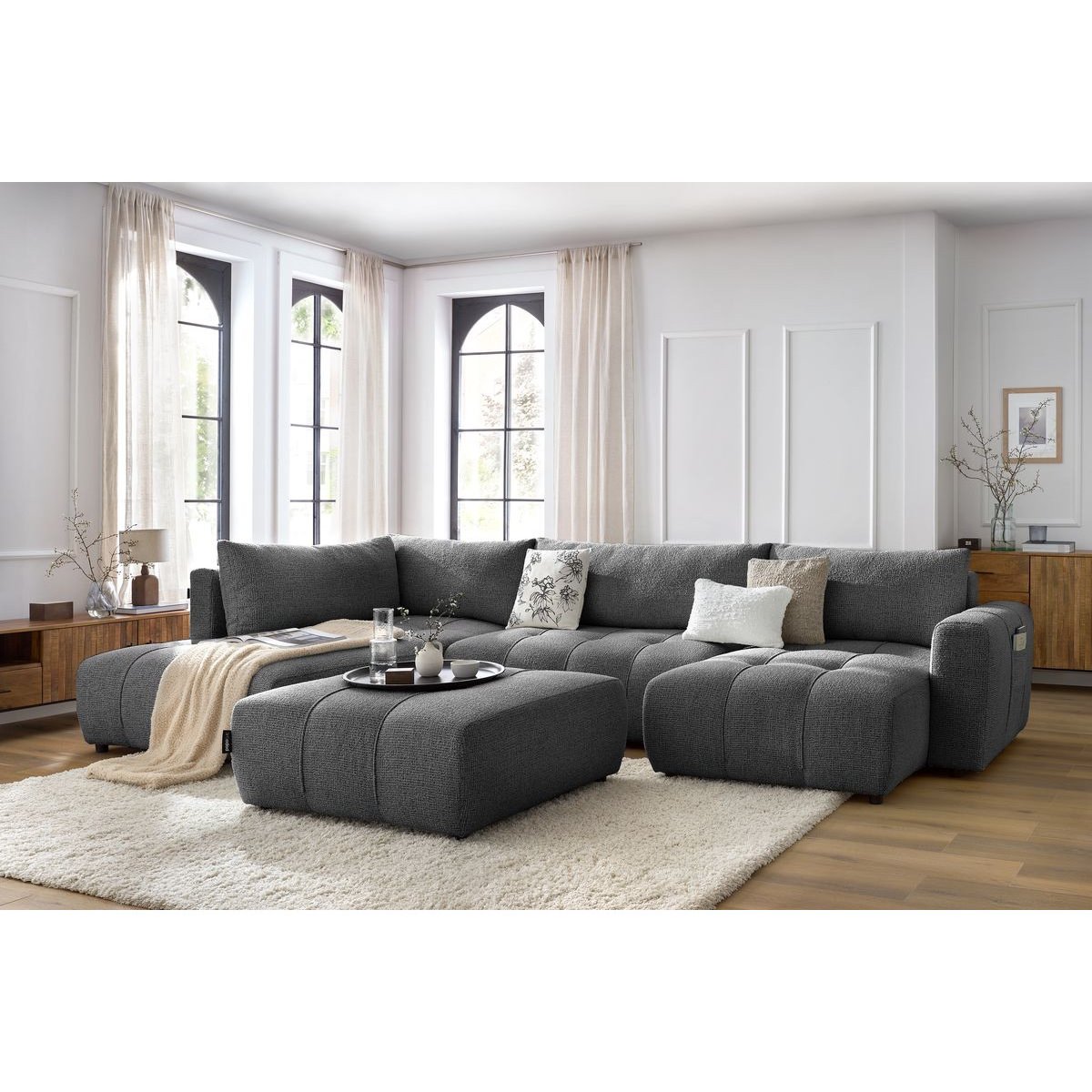 Canapé panoramique convertible 6 places en tissu chiné avec pouf, ARSENE gris foncé, BOBOCHIC