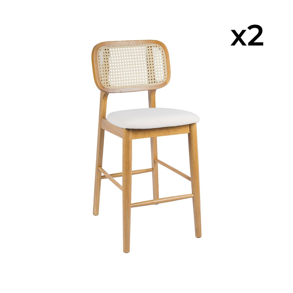 Tabouret de bar bois d'hévéa cannage et tissu 66,5cm (lot de 2) MANI naturel, SWEEEK