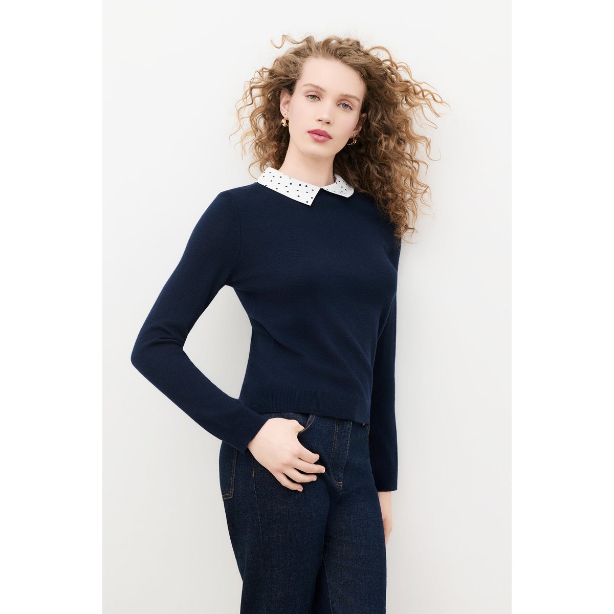 Pull droit col chemise cachemire MPAMELA bleu marine, CAROLL