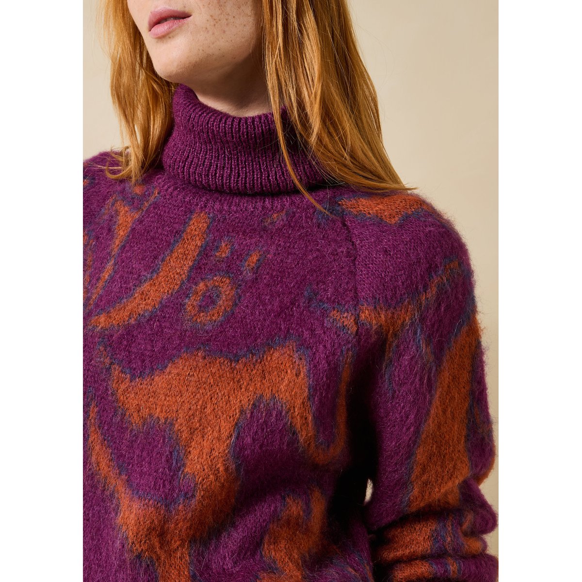 Pull col roulé manches longues en jacquard viola/tandoori, LA FEE MARABOUTEE